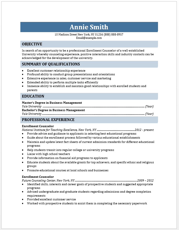 Sample resume admissions counselor