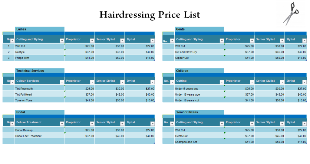 Hairdressing price list Template