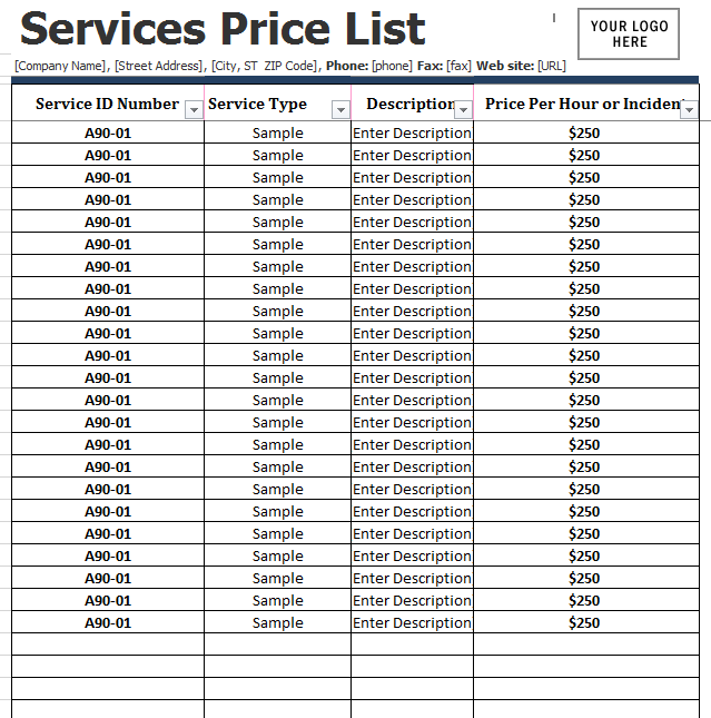 price list template 14