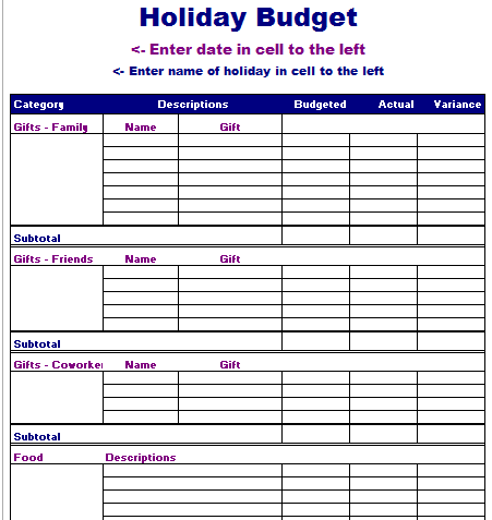 Holiday Budget Template