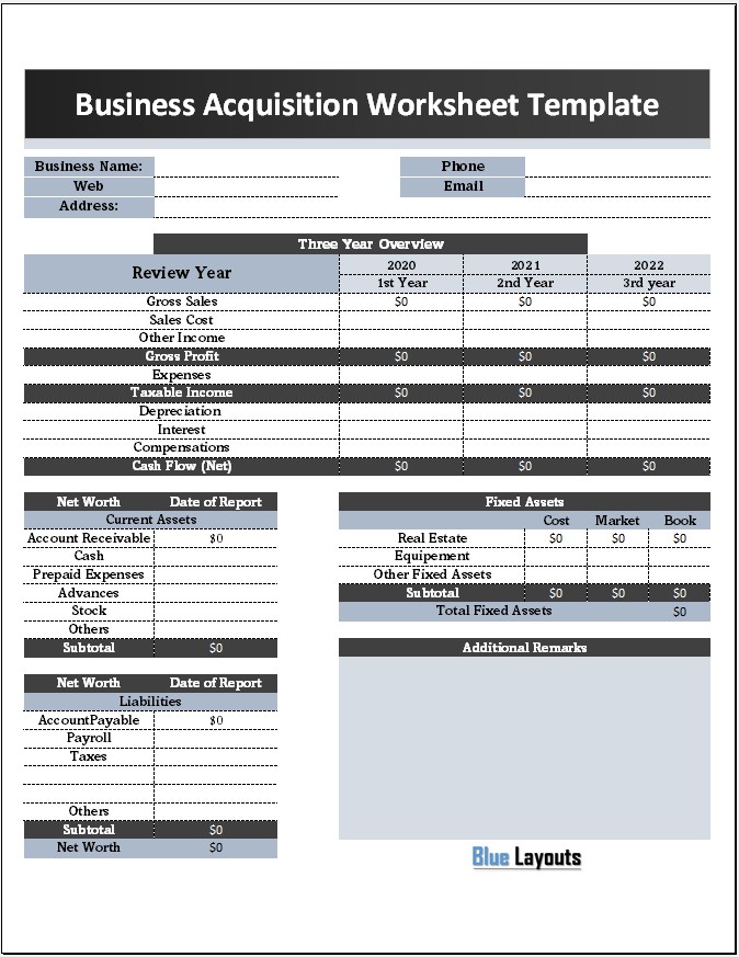 Quality Business Acquisition Worksheet Template