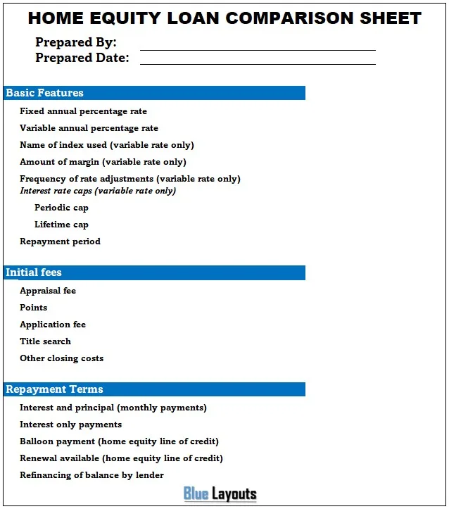 Home Equity Loan Comparison Sheet Template