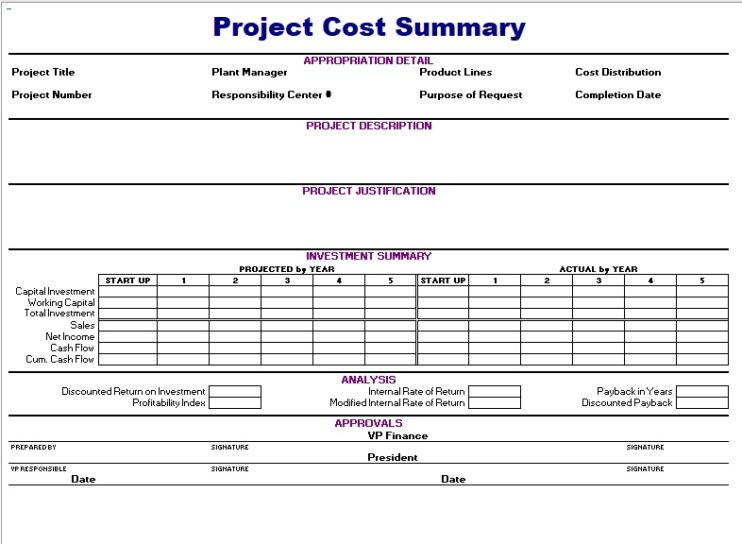 Project Cost Summary Template Blue Layouts