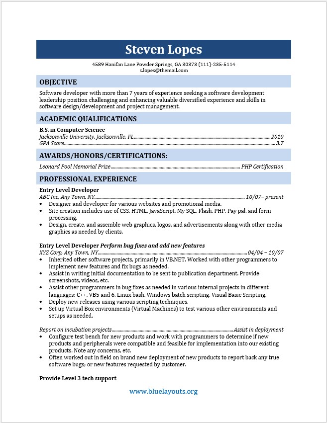 Get this Entry Level Web Developer Resume Template - Blue Layouts