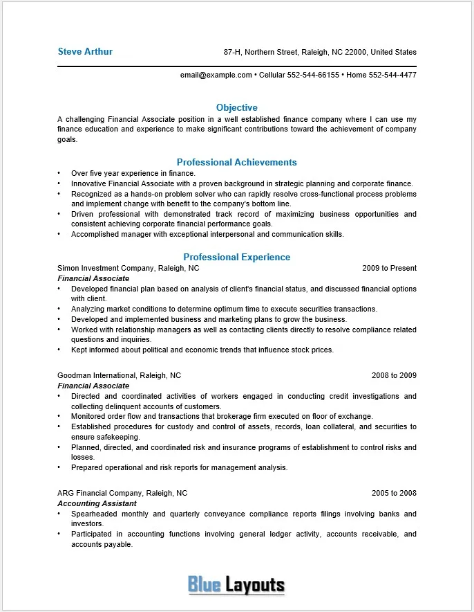 Financial Associate Resume Sample