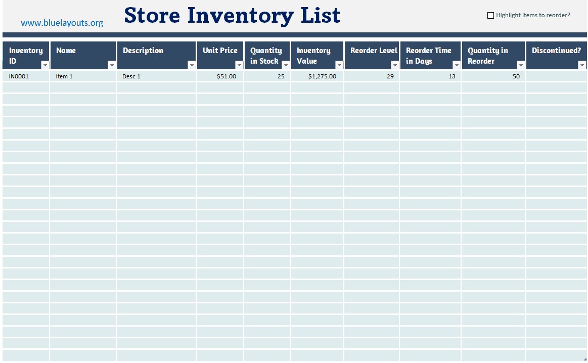 Customizable Store Inventory Sheet Template