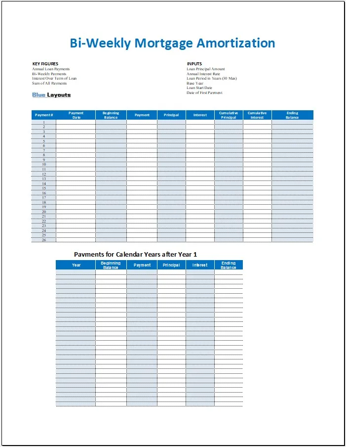 Printable Bi-weekly Mortgage Amortization Sheet Template