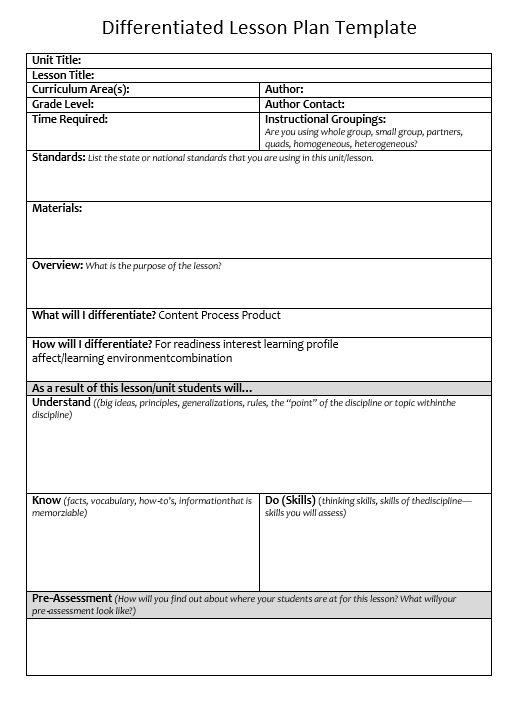 Differentiated Lesson Plan Template