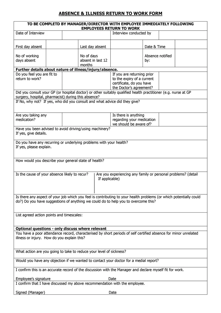Return to Work Form 11