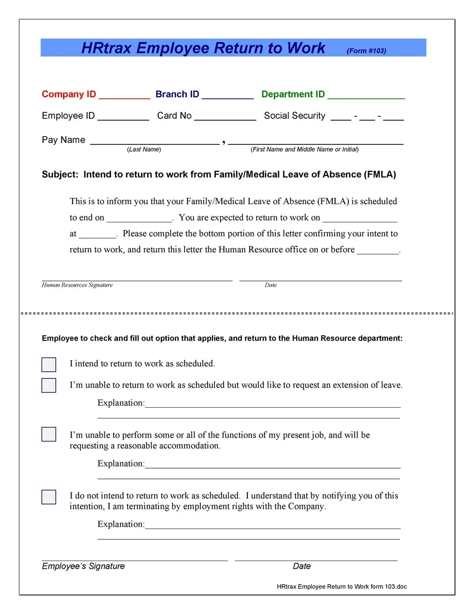 Return to Work Form 14