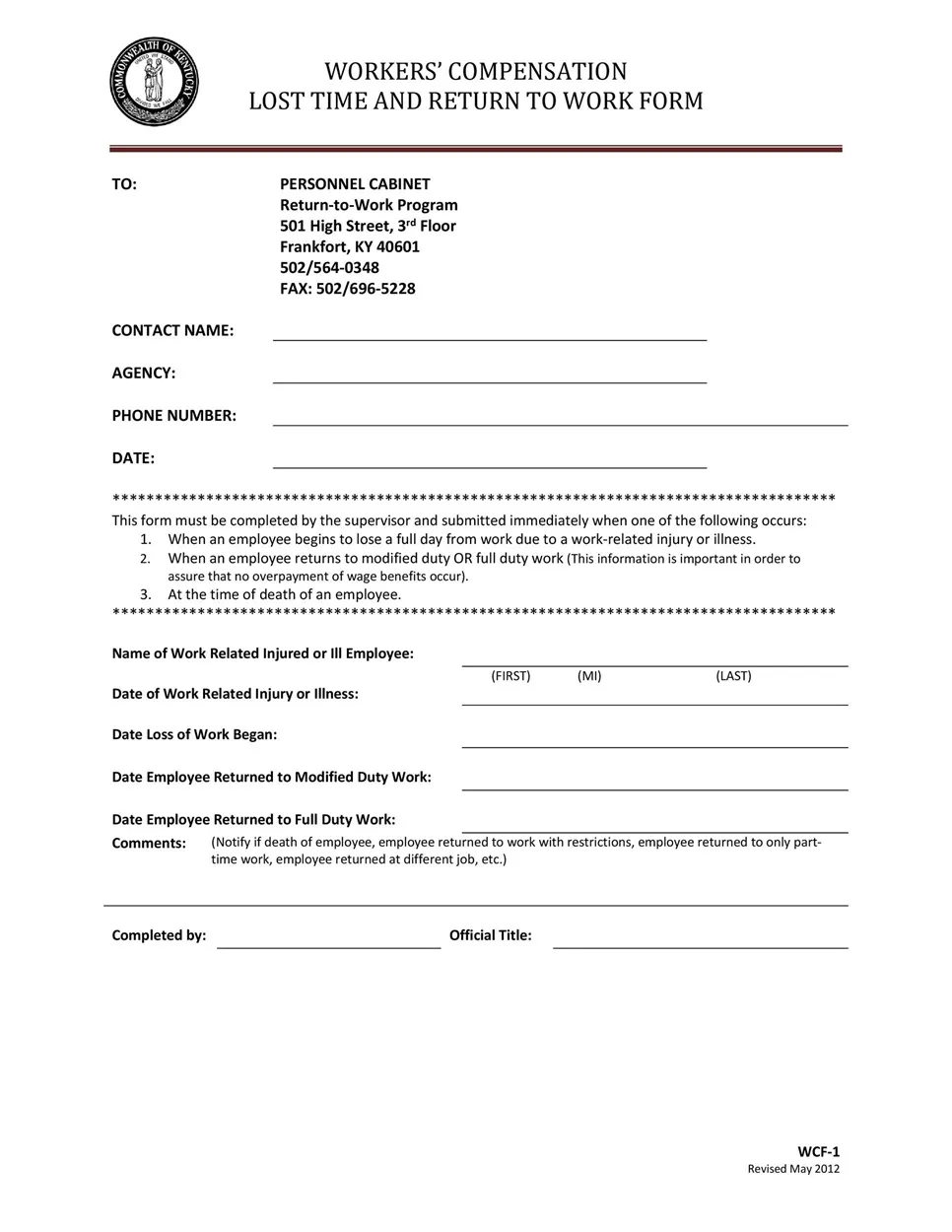 Return to Work Form 16