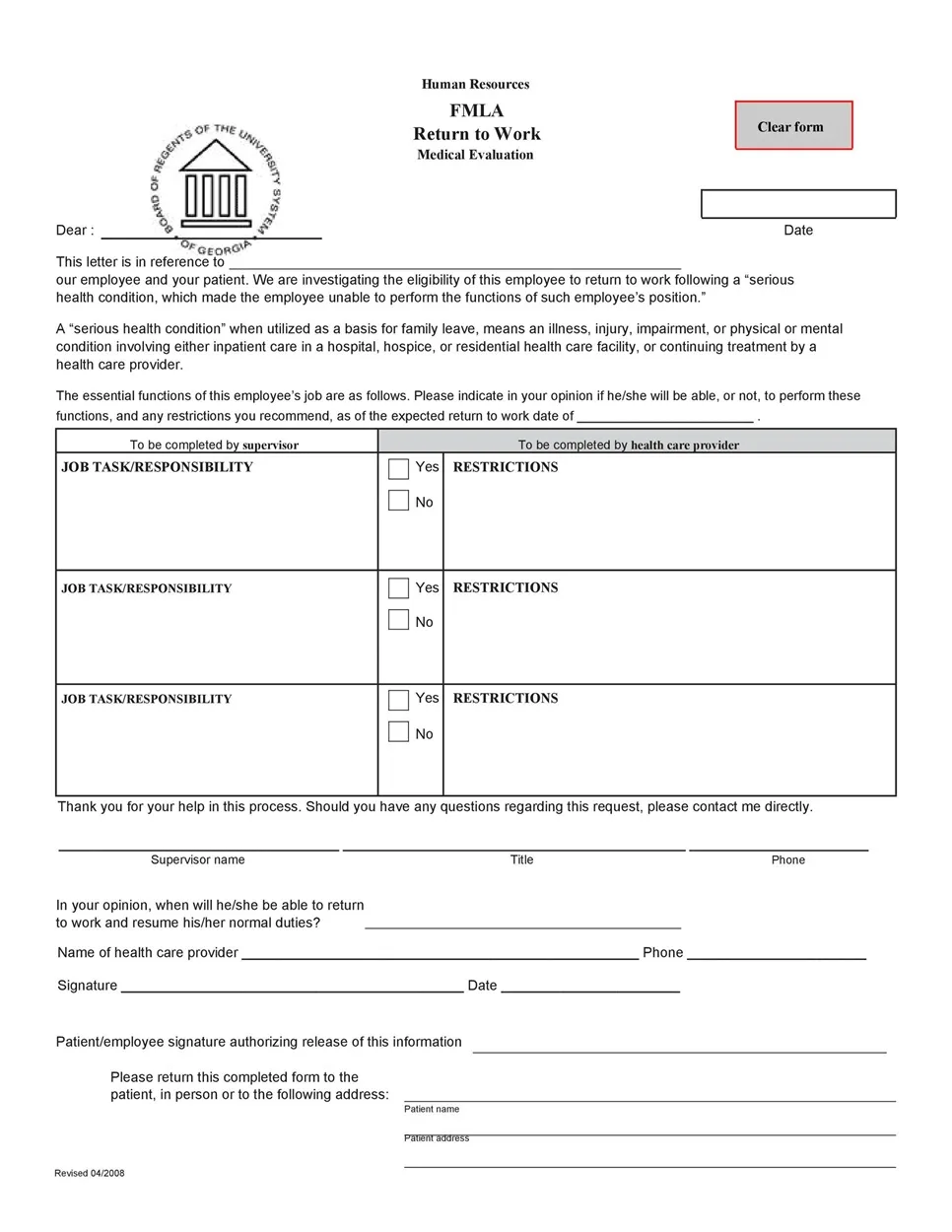 Return to Work Form 18