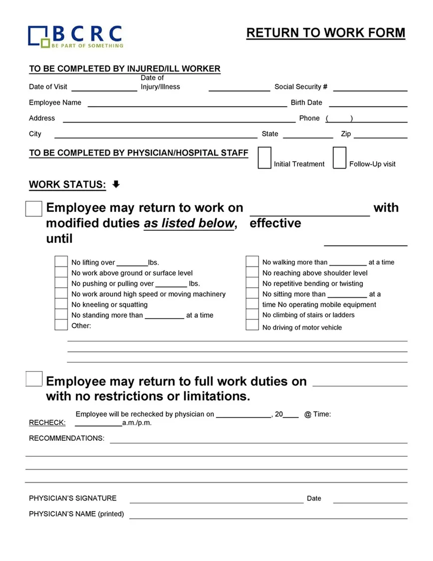 Return to Work Form 24