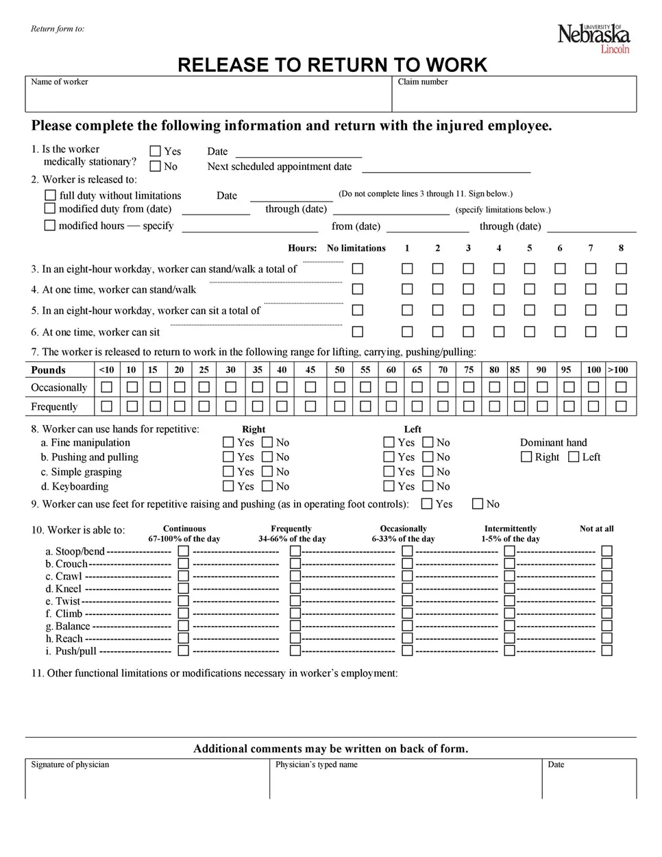 Return to Work Form 31