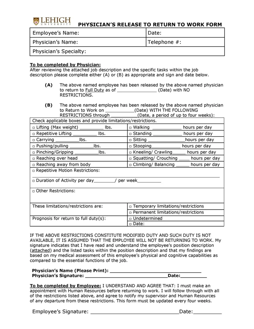 Return to Work Form 39